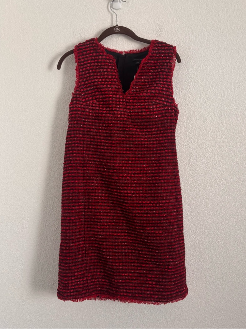 NWT Ann Taylor Size 2 Red/Black Sleeveless Tweed Fringe Shift Dress